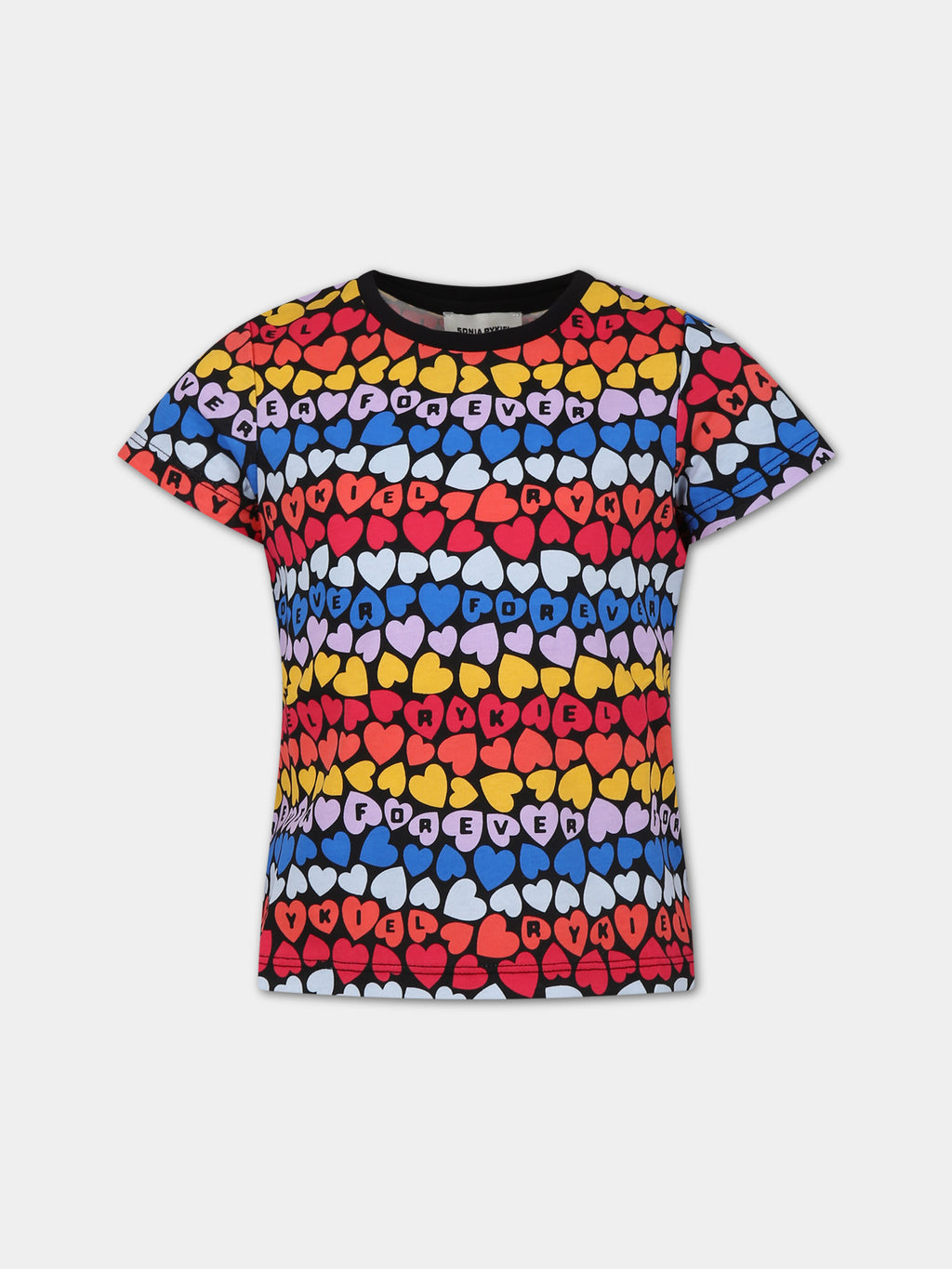 T-shirt multicolor per bambina con cuori e logo